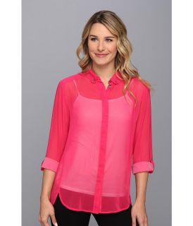 TWO by Vince Camuto L/S Two Tone Roll Tab Shirt Womens Blouse (Pink)