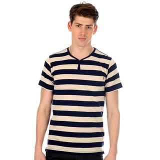191 Unlimited Mens Navy And Beige Striped Henley Tee