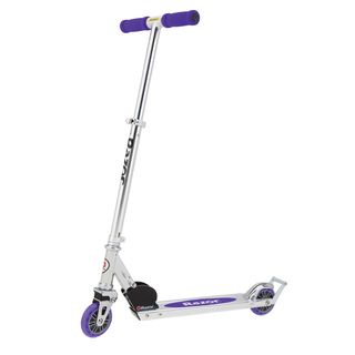 Razor A2 Purple Scooter (PurpleDimensions 24.75 inches long x 4 inches wide x 8 inches highWeight 6.63 poundsWeight capacity 143 poundsRecommended ages 5 years and upAircraft grade aluminum t tube and deckUrethane wheelsAdjustable handlebarsEasy to fo
