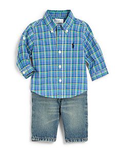 Ralph Lauren Infants Two Piece Plaid Shirt & Jeans Set   Blue