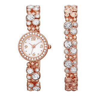 Womens Glitz Crystal Accent Watch & Bracelet Set, Rose Gld Tone
