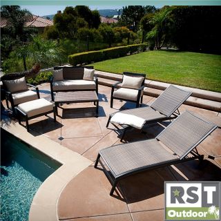 Rst Outdoor Zen 7 piece Seating And Lounger Set (EspressoMaterials Cast aluminum, eco friendly recyclable, hand woven polyethylene rattan wickerCushions included Weather resistant UV protectionAdjustable legs/back on the chaise lounge chairsWheels on cha