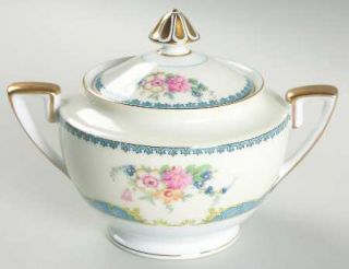 Noritake Flodena Sugar Bowl & Lid, Fine China Dinnerware   Blue Scroll Edge, Flo