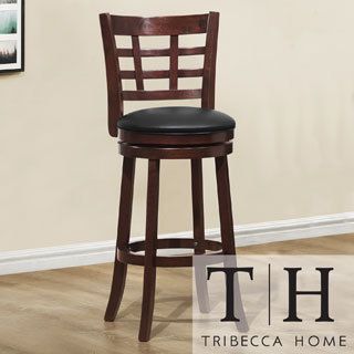 Tribecca Home Verona Espresso Lattice Back Swivel 29 inch Barstool (Asian rubberwood frame Finish CherryUpholstery materials Faux leatherUpholstery color BlackHardware finish Zinc Number of stools One (1) Seat height 29 inches Additional function T