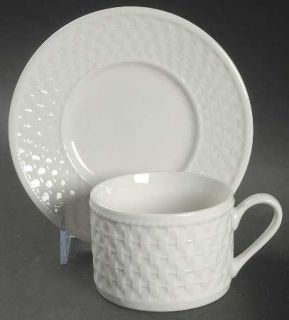Oneida Basket Weave Flat Cup & Saucer Set, Fine China Dinnerware   White,Embosse