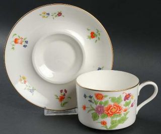 Tiffany Imperial Flowers Flat Cup & Saucer Set, Fine China Dinnerware   Blue, Ru