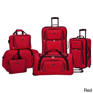 U.s. Traveler Palencia 5 piece Luggage Set (Red, blue, grey Materials Polyester, dobby trimTwo (2) large exterior zippered pocketsWeight Spinner upright (9.23 pound), rolling upright (6.15 pound), rolling duffel (4.3 pound), foldable duffel (1.74 pound)