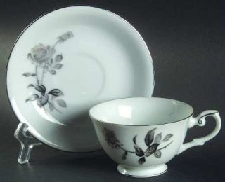 Yamaka Nocturne Footed Cup & Saucer Set, Fine China Dinnerware   Gray/Pink Roses