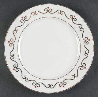 Pier 1 Holiday Scroll Dinner Plate, Fine China Dinnerware   Gold Scrolls,Red Dot