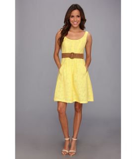 Nine West Linear Burnout Topstitch w/ Pleats Womens Dress (Yellow)