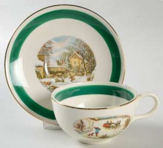 Homer Laughlin  Currier & Ives (Green Band) Flat Cup & Saucer Set, Fine China Di