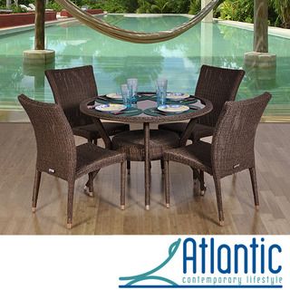 Atlantic Catania Round Wicker 5 piece Dining Set (Distressed greyMaterials Aluminum, synthethic wickerFinish Synthethic wickerAluminum frameTempered black glass topWeather resistantUV protectedTable dimensions 29 inches high x 40 inches wide x 40 inche