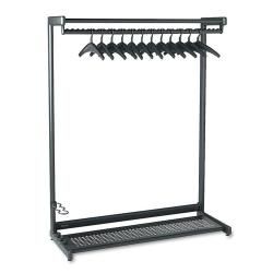 Quartet Black Garment Rack With Two Shelves (BlackSingle sidedTwo shelf garment rackStand aloneDimensions 61.5 inches high x 48 inches wide x 18.5 inches deepHanging capacity 3 umbrellas, 16 garments, boots, hatsNumber of hangers 12Materials Powder co