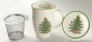 Spode Christmas Tree Green Trim Tisanieres Set Mug, Metal Filter, & Coaster, Fin