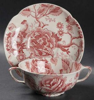 Johnson Brothers English Chippendale Red/Pink Flat Cream Soup Bowl & Saucer Set,