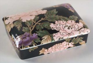 Fitz & Floyd Cloisonne Peony Black Double Deck Playing Card Box & Lid, Fine Chin