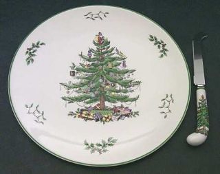 Spode Christmas Tree Green Trim Cheese Dish and Knife Set 2 Piece, Fine China Di