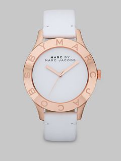 Marc by Marc Jacobs Rose Goldtone Ion Plated Logo Matte Leather Watch/White   Wh