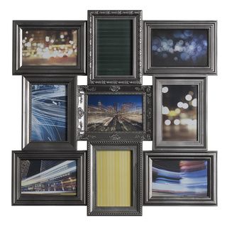 Mellanco 9 opening Multi profile Collage Photo Frame (Pewter Materials Plastic, PVCQuantity One (1) frameDimensions 20 inches long x 20 inches wide x 1 inch highHolds Four (4) 4x6 inch photos, five (5) 6x4 inch photos )
