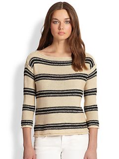 Ralph Lauren Blue Label Linen/Silk Patterned Sweater   Cream Black Stripe