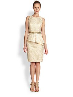 Carmen Marc Valvo Sleeveless Jacquard Peplum Dress   Ivory Gold