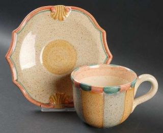 Horchow Medici Flat Cup & Saucer Set, Fine China Dinnerware   Multicolor Stonewa