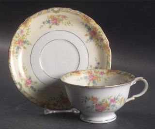 Black Knight Leonora Footed Cup & Saucer Set, Fine China Dinnerware   Green,Tan