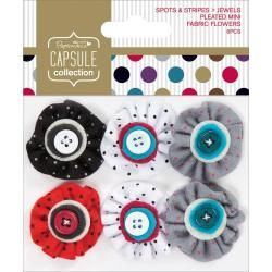 Papermania Spots/stripes Jewels Mini Fabric Flowers  Pleated With Button Middles 6/pkg