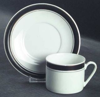 Crown Porcelain Prestige Black Flat Cup & Saucer Set, Fine China Dinnerware   Bl