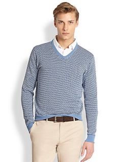 Canali Triangle Print V Neck Sweater   Blue