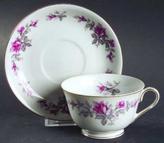 Kyoto Roxanne Footed Cup & Saucer Set, Fine China Dinnerware   Pink Roses,Gray L