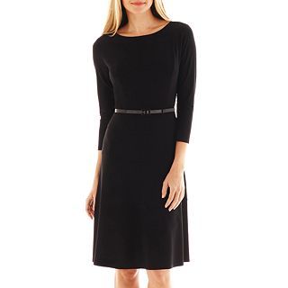 Black Label by Evan Picone Belted Fit and Flare Dress, Black
