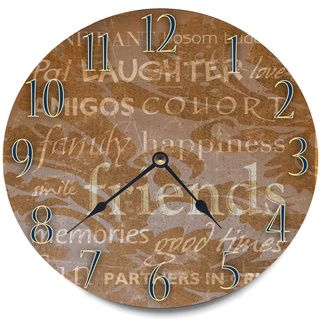 Family, Happiness And Friends Wood Wall Clock (BrownMaterials Quartz mechanism, metal, MDF woodQuantity One (1) clockSetting IndoorDimensions 12 inch diameter x 0.4 inch thickRequires one (1) AA battery (not included) )