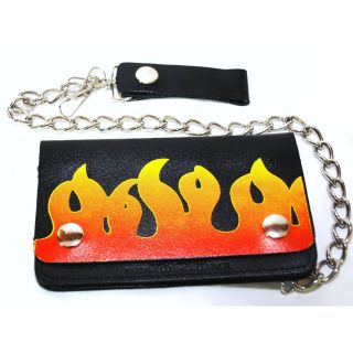 Hollywood Tag Red Flames Leather Bi fold Chain Wallet