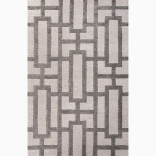 Hand made Geometric Pattern Ivory/ Gray Wool/ Art Silk Rug (9.6x13.6)
