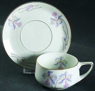 Bohemia Ceramic Orchid/Iris Flat Cup & Saucer Set, Fine China Dinnerware   Pink/
