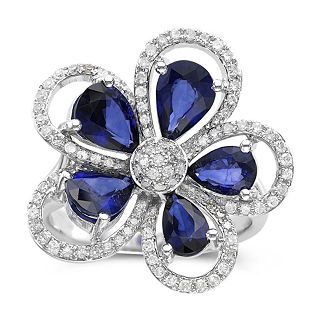 Closeout EFFY 14K White Gold Sapphire and Diamond Flower Ring, Wg, Womens
