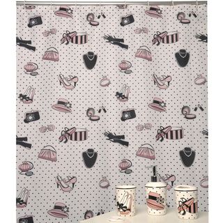 Boudoir Pink Shower Curtain And Bath Accessory 16 piece Set (Pink, Black & WhiteMaterials Shower curtain is 100 polyester, accessories are ceramic and twelve (12) hooks are plastic hooksDimensions Lotion/soap dispenser 7.5 inches high x 3.5 inches wide