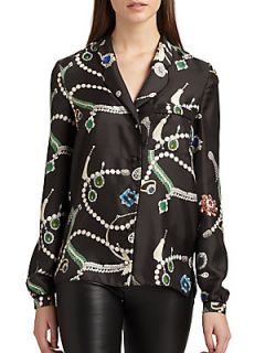Silk Jewel Print Pajama Blouse   Black