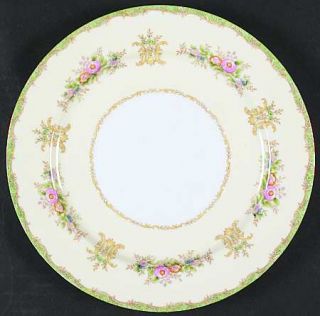 Noritake N383 Dinner Plate, Fine China Dinnerware   Green Edge,Tan Scrolls,Flora