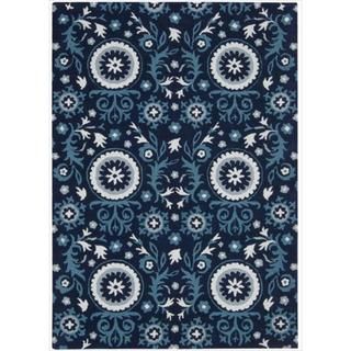Hand tufted Suzani Navy Floral Medallion Rug (53 X 75)