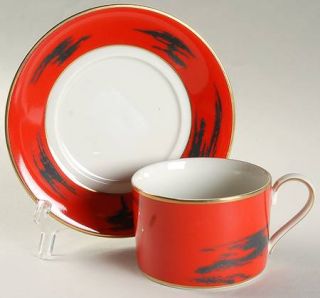 Mikasa Negora Red Flat Cup & Saucer Set, Fine China Dinnerware   Black Brushstro