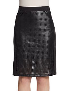 Laser Cut Faux Leather/Knit Skirt   Black