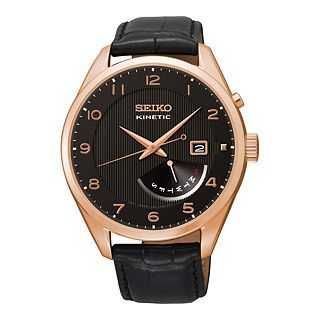 Seiko Mens Kinetic Rose Gold Tone Black Leather Strap Watch