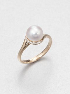 Mikimoto 8MM White Akoya Cultured Pearl 18K Rose Gold Diamond Ring   Pearl