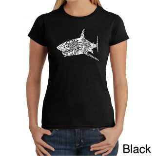 Los Angeles Pop Art Womens Shark Names T shirt (100 percent cotton Machine washableAll measurements are approximate and may vary by size. )