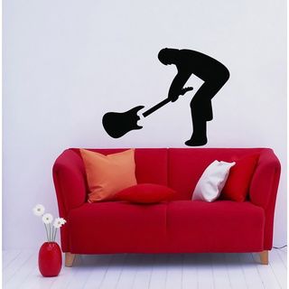 Musician Breaks Guitar Rock Music Black Vinyl Wall Decal (Glossy blackEasy to apply; instructions includedDimensions 25 inches wide x 35 inches long )