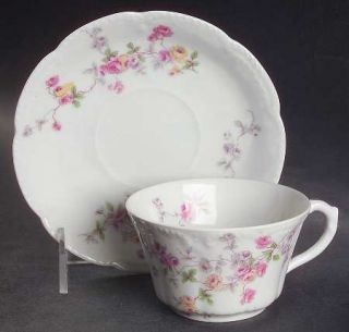 Bassett 5789 Flat Cup & Saucer Set, Fine China Dinnerware   Pink,Yellow&Gray Flo