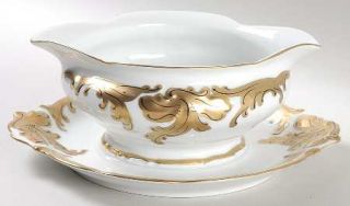 Wawel Wav19 Gravy Boat with Attached Underplate, Fine China Dinnerware   Gold Sc