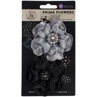 Plume Fabric Flowers W/rhinestones 3.25 2/pkg licorice